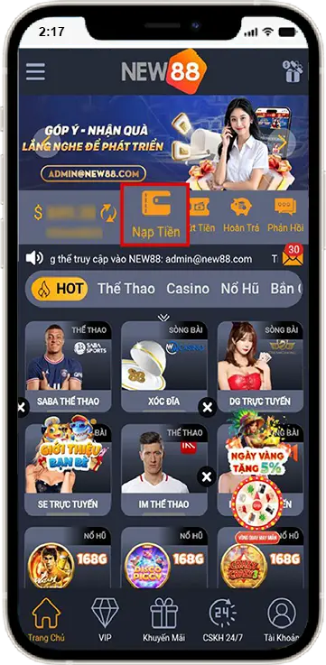 Giao diện nạp tiền New88